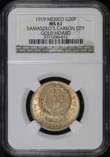 1919 Mexico Gold 20 Pesos NGC MS-61 Samaszko's Carson City Gold Hoard Label