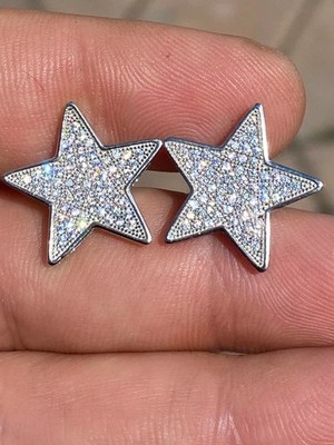 Iced Men's Real Star Cubic Zirconia Earrings Screw back In 925 Sterling Silver