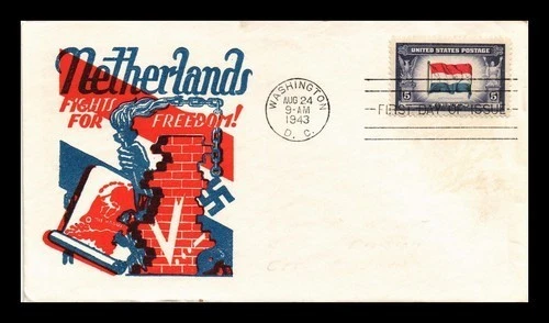 WW2 OVER-RUN NATIONS NETHERLANDS FLAG  CACHET CRAFT #M-18 CACHET 1943 FDC