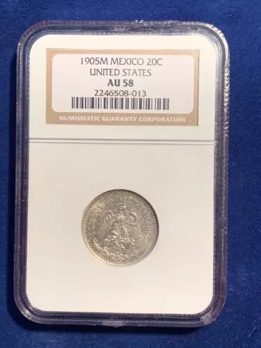 MEXICO ESTADOS UNIDOS  1905  20 CENTAVOS SILVER COIN, NGC CERTIFIED AU58