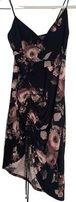 Windsor Black floral Slip Dress Jrs. L Side Ruched 90s Y2K Asymmetrical Hem NWT