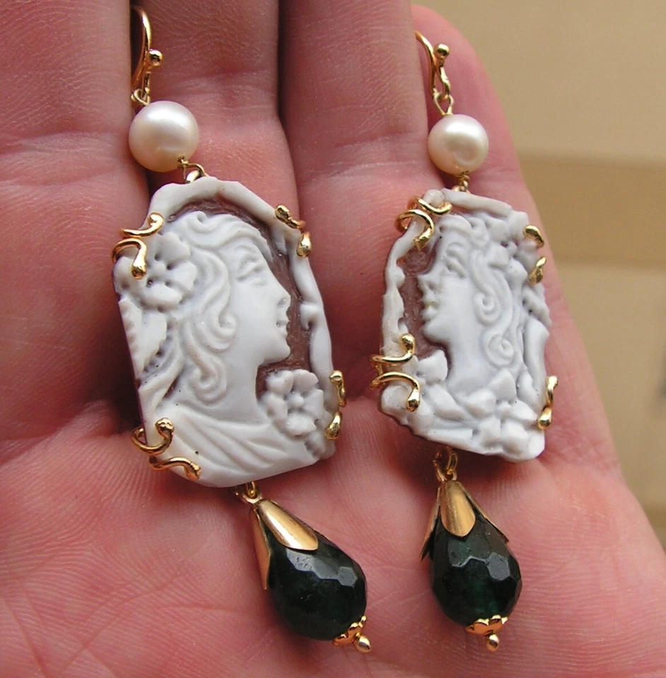 PENDIENTES CAMAFEO ITALIA HERMOSO ESTILO ANTIGUO Gema Perla Turmalina Original Foto 4 de 4