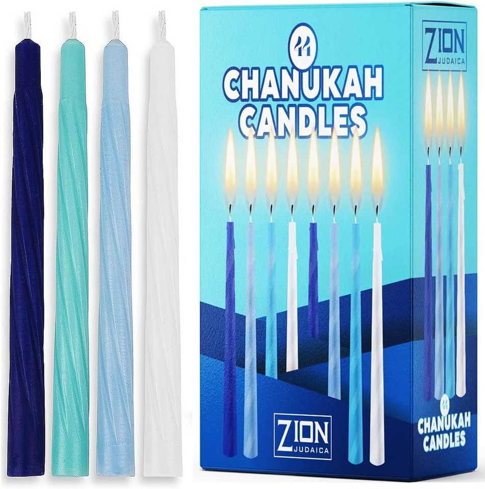 Hanukkah Menorah Candles Box of 44 Multi-Blue with Prayer Card - Spiral ...