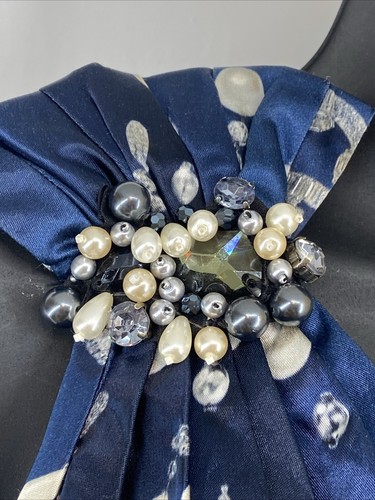 David Meister Size 2 Navy Blue Satin Jewelry Pearl Print One Shoulder Dress - Picture 9 of 18