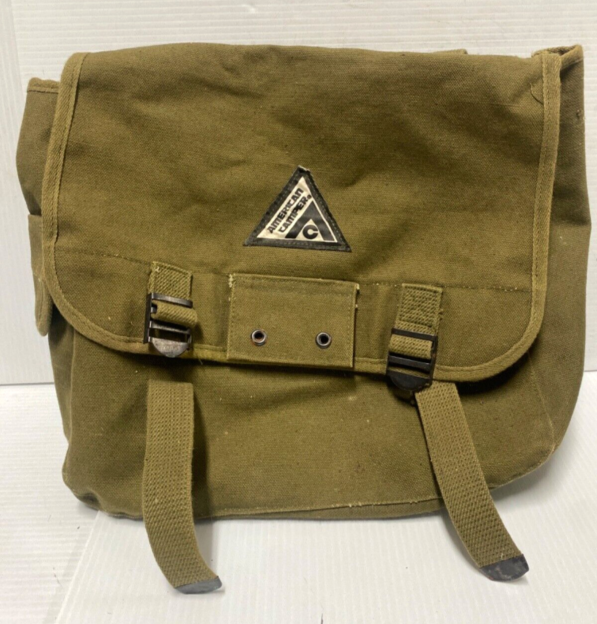 VINTAGE American Camper Green Canvas Knapsack Bag Backpack Messenger Buckle