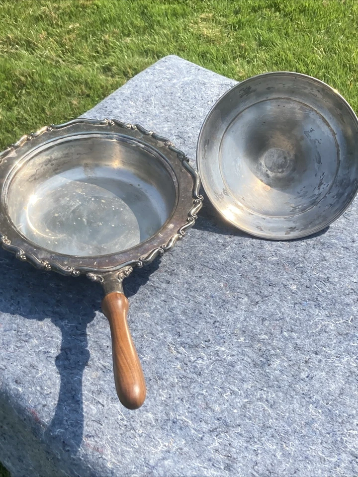 Rogers Silver Plate Warming Chafing Dish Wood Handle Large 13" Diameter Scrolls - Image 4 of 4