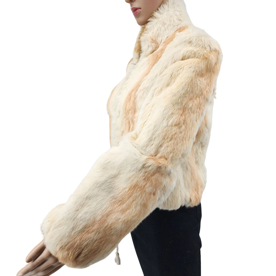 Vintage Elan Rabbit Fur Jacket Beige & Camel Striped Pattern Warm Soft Small S - Image 3 of 4