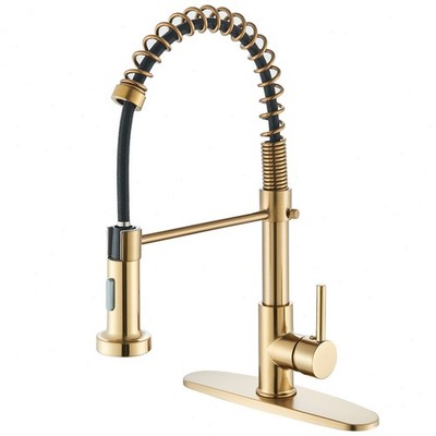 Brushed Gold Kitchen Sink Faucet Pull Down Sprayer Single Handle Mixer w/Cover
