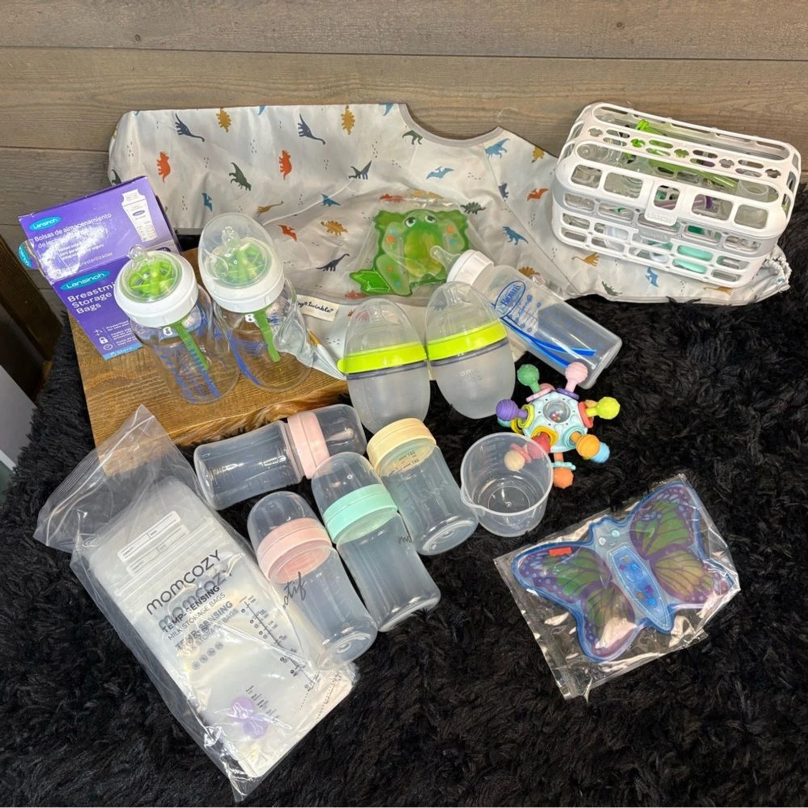 Baby Bottle Bundle w/ Travel Bag, Dishwasher Basket, Teethers, Dino Bib
