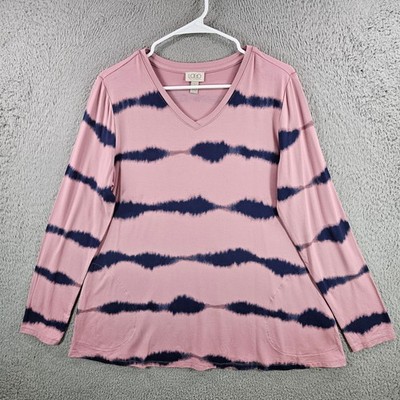LOGO Lori Goldstein Womens Small Pink Navy Tie Dye V-Neck Long Sleeve Pocket Top