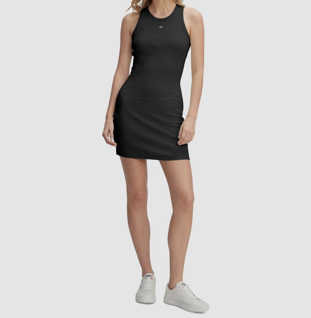 Tommy Jeans Women's Black Essential Ribbed Logo Round Neck Dress Size L