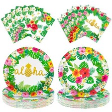 100 Pcs Hawaiian Paper Napkins Plates Tropical Luau Party Supplies 9 Inch Dis...