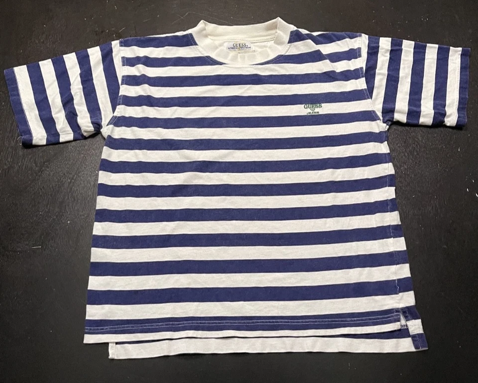 Vintage 90s Guess Jeans Stripe Tee Navy/White Tag L (16–18) Fits Adult M/L - Image 2 of 4