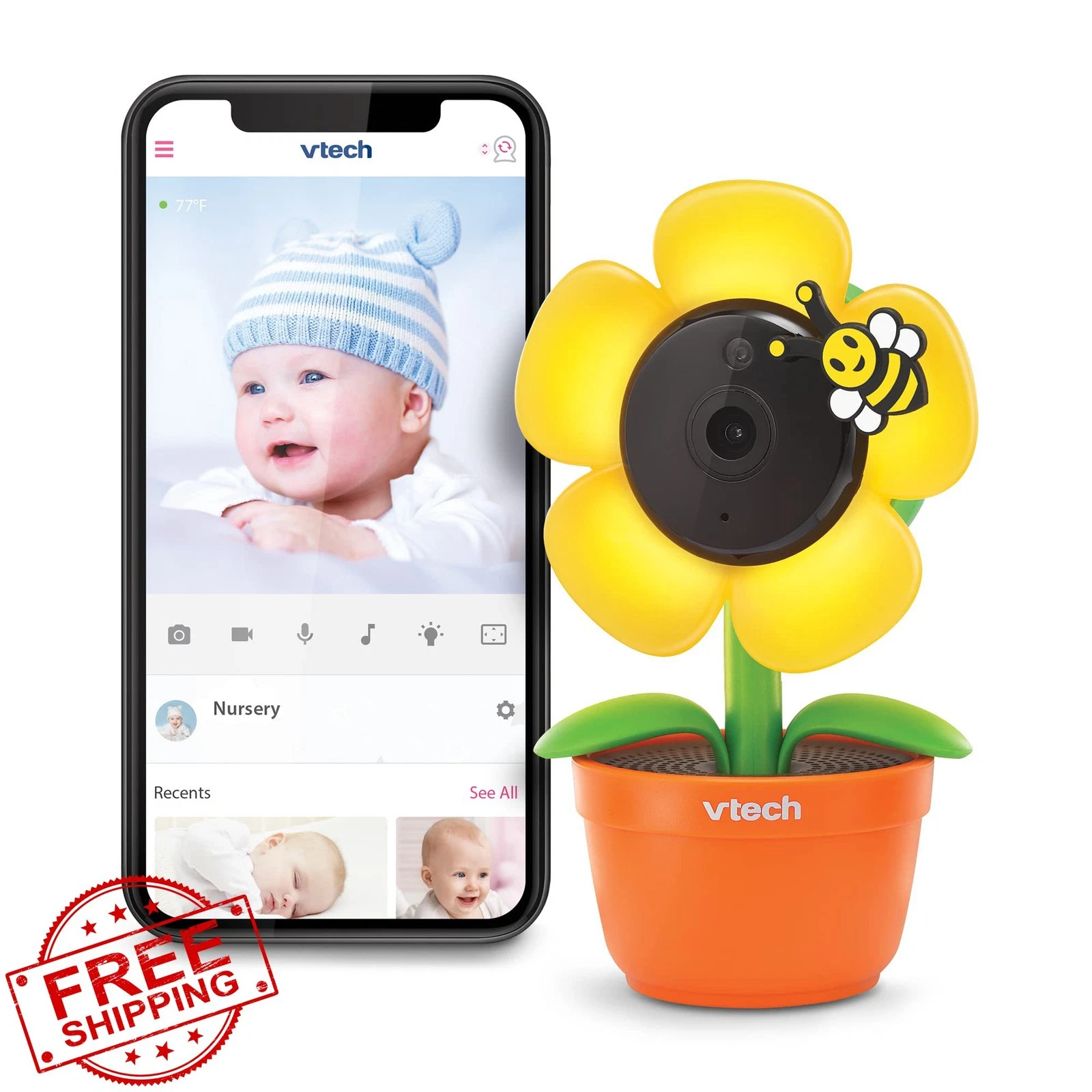 VTech RM9751 Baby Monitor Camera, Yellow Daisy, 1080p HD, Wi-Fi, Night Light