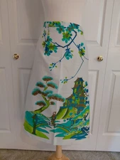 Vintage 1960s Alfred Shaheen Print Skirt Linen Japanese Garden L XL 34 Waist