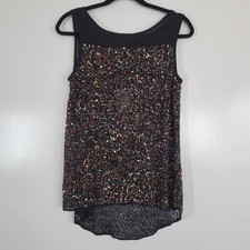 Walter Baker Fully Sequins Lara Top  Small Colorful Night Sheer Tank Gunmetal Nw
