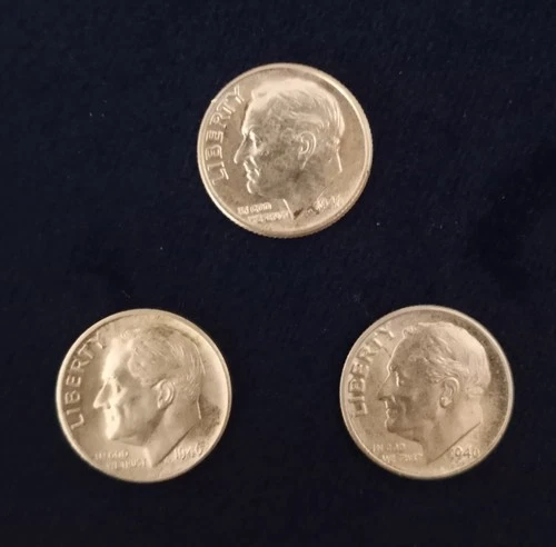 1946 P D S Roosevelt 90% Silver Dime 3-Coin Set Uncirculated first year issue