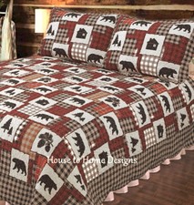 BLACK BEAR CABIN 2pc Twin QUILT SET : RED BLACK BUFFALO CHECK LODGE LIFE HUTS