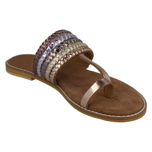 Mujer LEATHER COLLECTION F0R0273 Oro Rosa Plano Sandalias con Tira Al Dedo - Picture 3 of 10