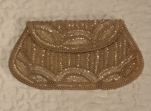 Vintage Pearl & Sequins Evening Clutch Handbag Mid-century 1950-60s - Afbeelding 1 van 7