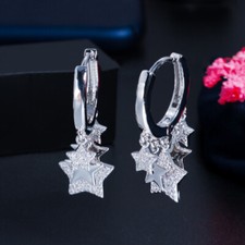Chic White CZ Lucky Star Tassel Charms Dangle Endless Hoop Earrings Boho Jewelry