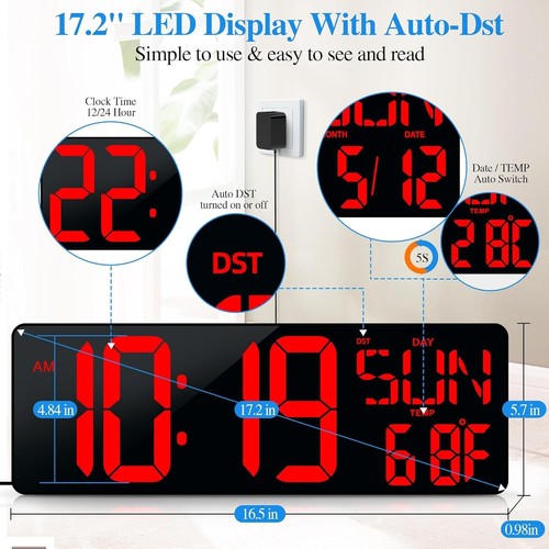 Large Digital Wall Clock with Remote Control 17.2" LED Large Display Timer with - Picture 3 of 8