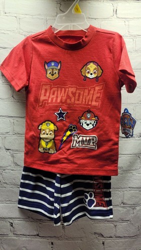 Paw Patrol Boys Red Blue Striped Nick Jr MVP Stretch T Shirt And Short Size 3T - Picture 2 of 7