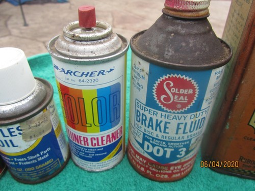 Lot of 7 Vintage Shop Metal Cans - SOLDER SEAL Cone top Brake Fluid / RUBON + - Picture 3 of 9