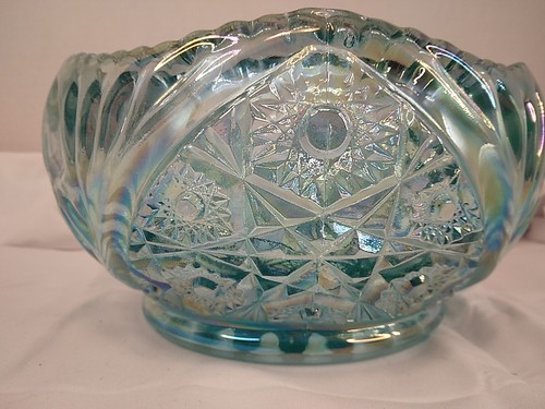 LE Smith Carnival Glass Bowl 7.5" Iridescent Sawtooth Hobstar Daisy Aqua - Picture 6 of 8