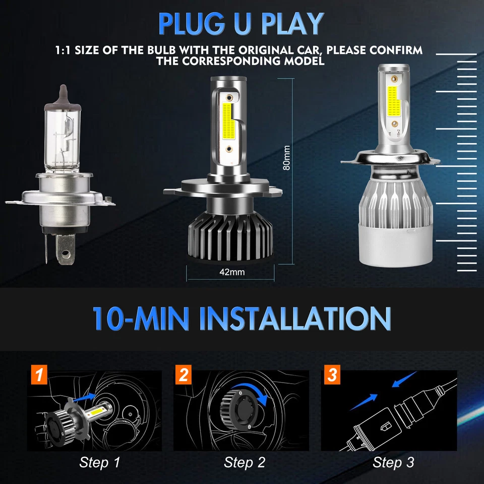 2X 6000K LED Headlight Bulbs Globes H4 9003 For Mazda MX-5 1.8 Convertible 1993 - image 2 of 4