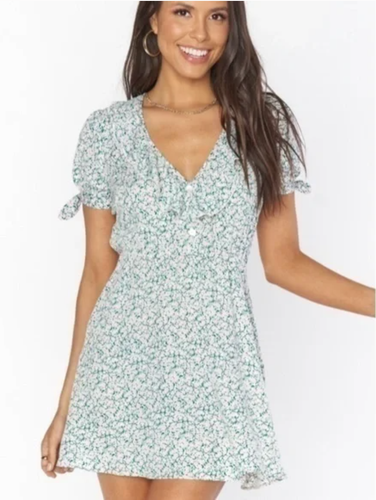 Show Me Your MuMu Natasha Mini Dress S Green Pink Ruffle Floral Boho Knot Sleeve - Picture 9 of 9