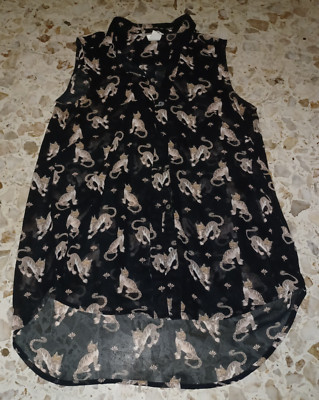 H&M Women's Blouse Sheer Sleeveless SZ 2 Black with Cats