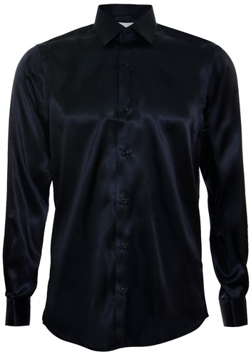Mens Navy Satin Silk Shirt Smart Casual 