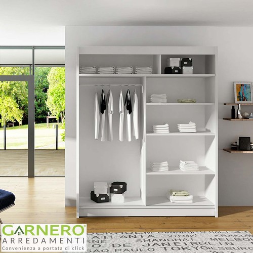 Armadio moderno ripiani e appendiabiti 150x200cm 2 ante scorrevoli bianco VILMA - Foto 3 di 4