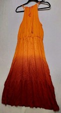 Knox Rose Sundress Sz M Maxi Halter Ombre Orange Fireworks Flowy Tiers Lagenlook