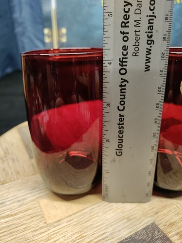 Vintage Royal Ruby Anchor Hocking 4 1/4 " Roly Poly Glasses Set of 2 Foil Label - Picture 2 of 6