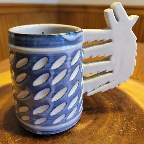 Cunningham Studio Pottery Wolf Mug Blue White Artisan Signed Dated EUC