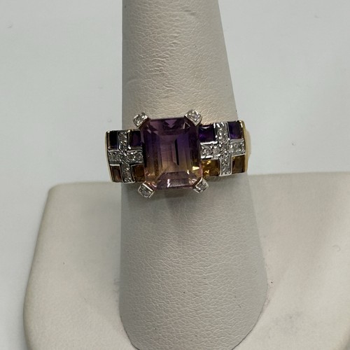 10k Solid Yellow Gold SZ 8 Amethyst Citrine Diamond Cocktail Statement Ring 4.2G - Picture 7 of 8