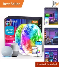 LED Strip Lights RGB 100ft Voice WiFi App Control Music Sync Indoor Outdoor