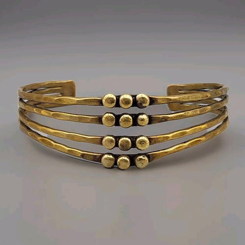 Hammered Brass Cuff Bracelet Modernist Brutalist Style Goldtone Split Shank 7.5"