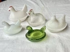 RARE VTG Hen In A Basket On Nest Lot Of 5 Green Milk Glass Clear  4.5in/3.5in