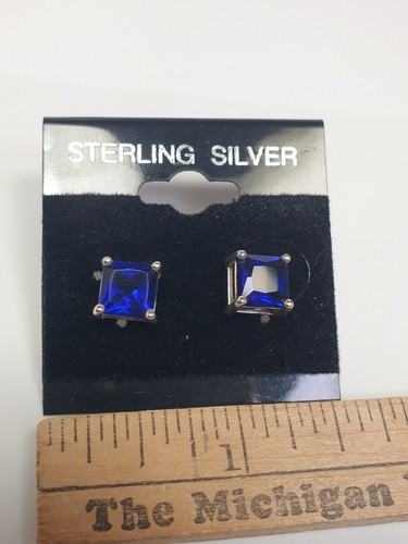 Sterling Silver 7mm Stone Square Cut Sapphire Stud Earrings