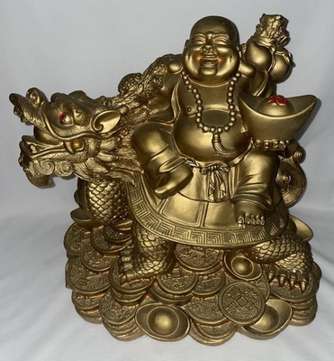 Fen Shui Golden Finish Wealth Buddha Statue 14 7/8 Inches High