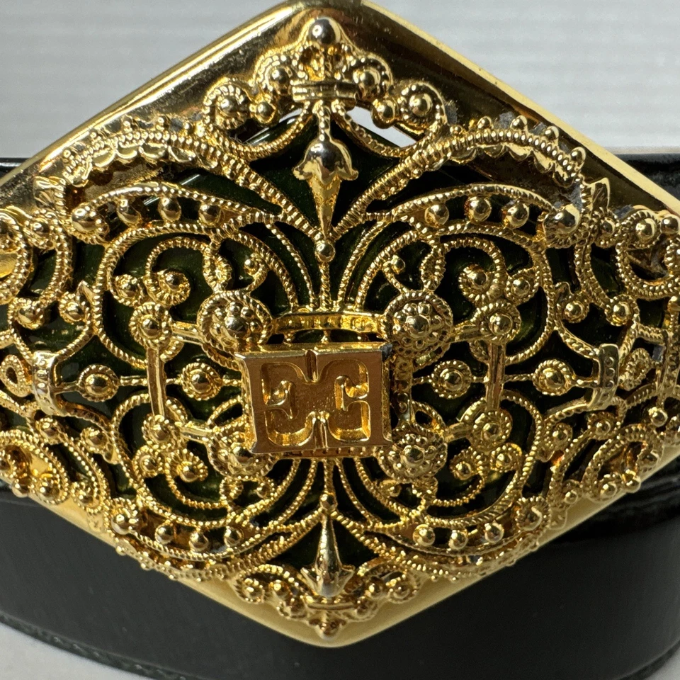 ESCADA Green Leather Belt Gold Tone Brass Italy Buckle 40 Waist/ 34 US - Image 2 of 4