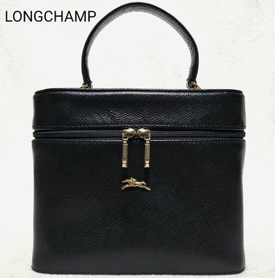 LONGCHAMP Vanity Bag Leather Black Gold Hardware Cosmetic Pouch Case