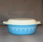Vintage MCM Pyrex Snowflake Blue Garland 1½ Qt Oval Casserole 043 w/ Lid