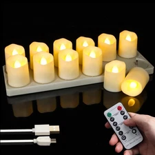 12pcs LED Rechargeable Tea Lights with Remote Timer and USB Charging Base Fla...