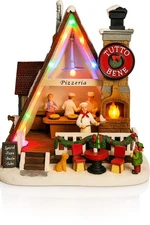 Pizza Christmas Village Pizza Shop Scene LED Musical Pizzeria Scene Handcraft...