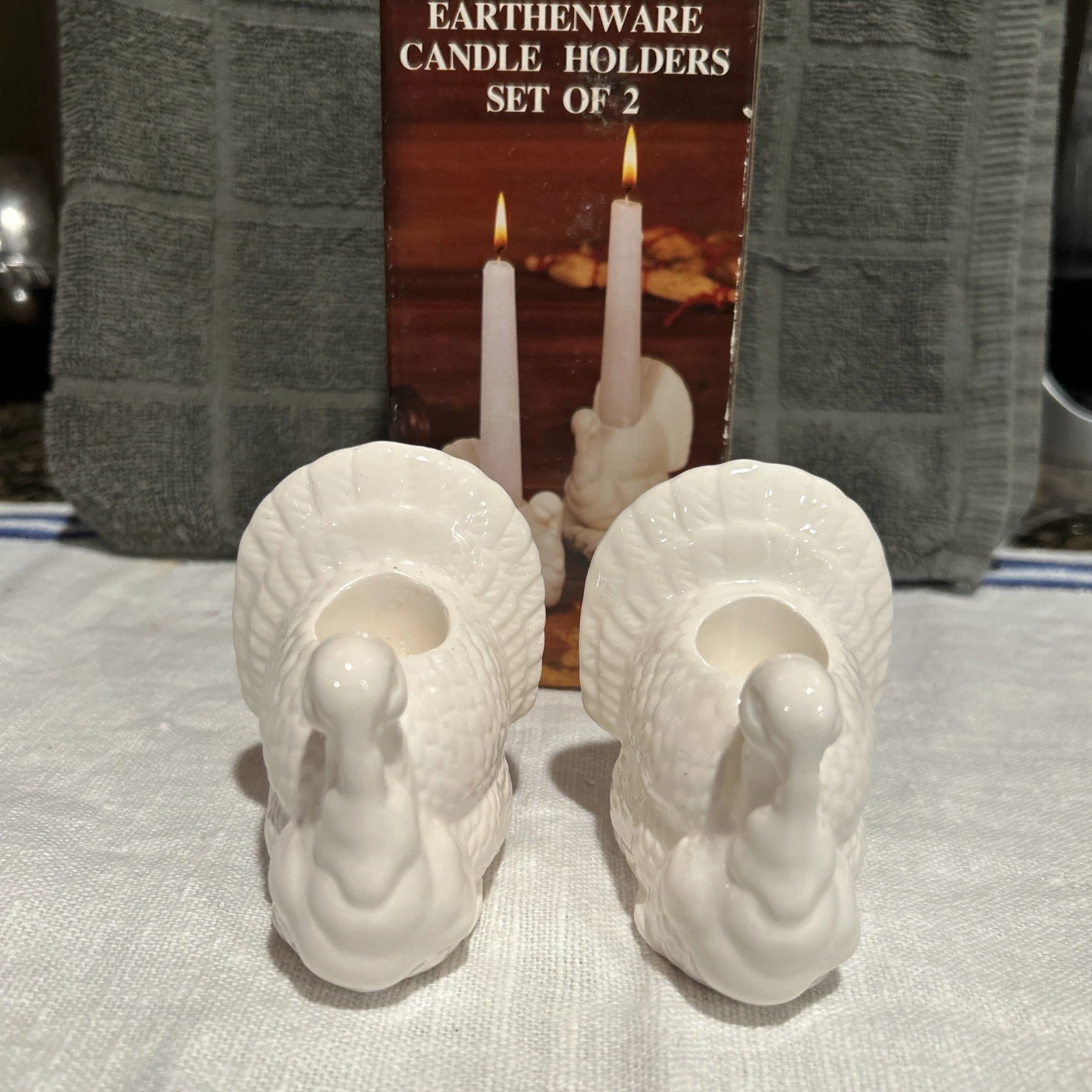 Vintage Thanksgiving Turkey Taper Candle Holders (2) White/Cream