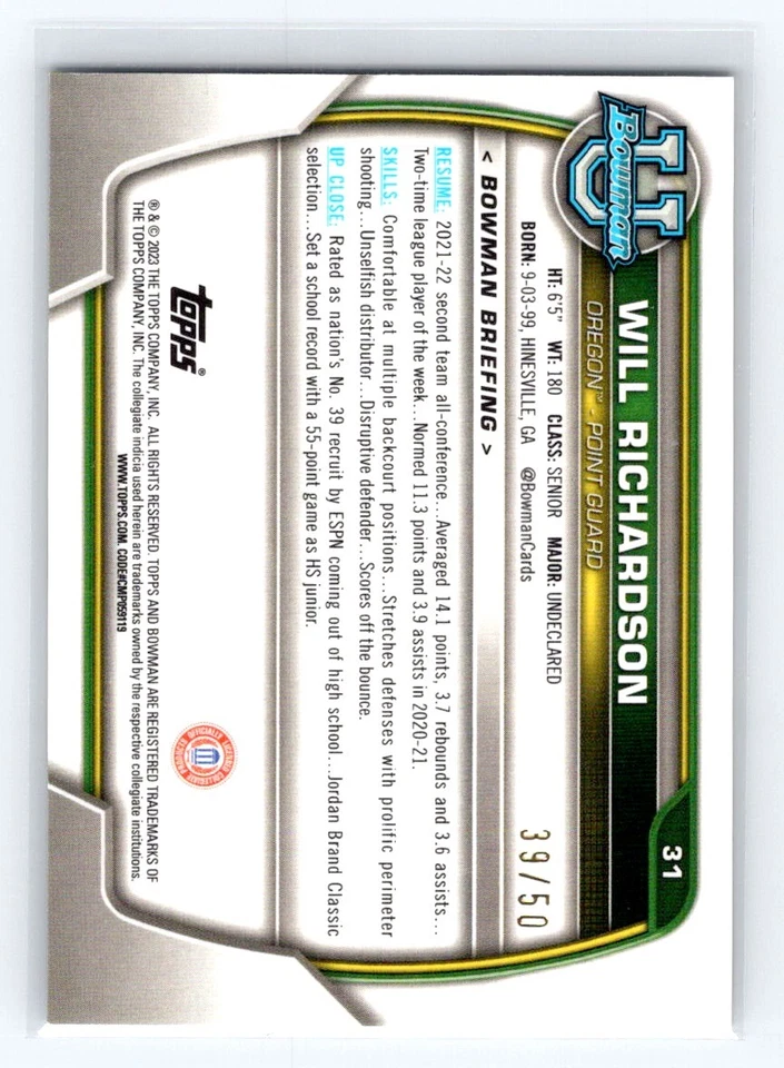 2022-23 Bowman University Chrome #31 Will Richardson Gold #/50 Oregon Ducks - Image 2 of 2